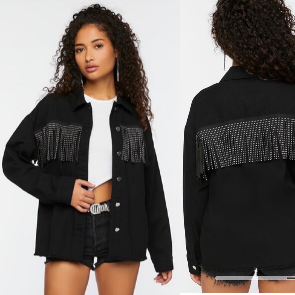 Studded Black Denim Fringe Western Style Trucker Jacket Size Large